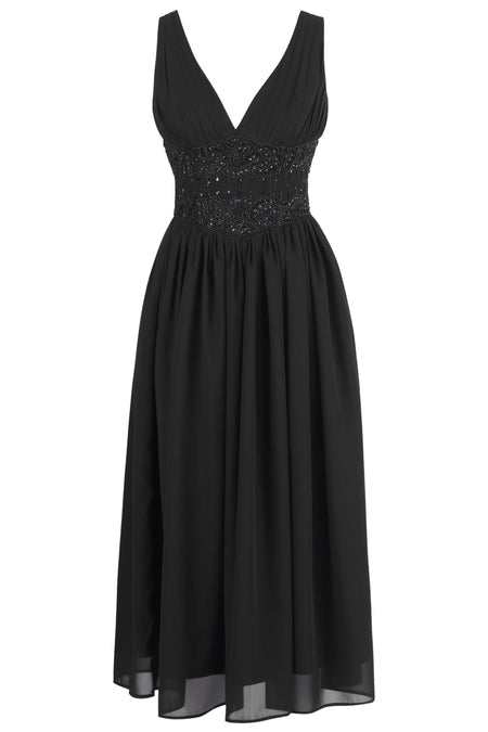 Elegant Black Corset Midi Dress – Timeless Gothic Charm