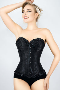 Black Brocade Sweetheart Corset With Ruffle Trim