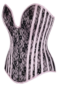 Pink Overbust Corset with Black Lace Overlay and Plunge Neckline