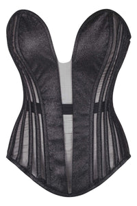 Black Overbust Corset with Plunge Neckline Mesh Panels & Side Zip