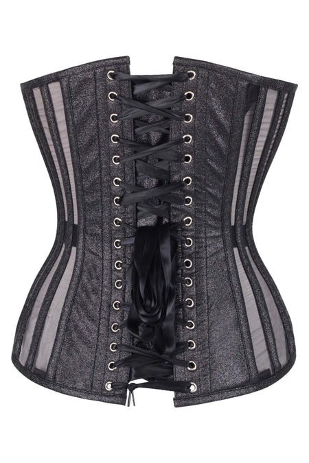 Black Overbust Corset with Plunge Neckline Mesh Panels & Side Zip
