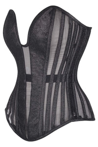 Black Overbust Corset with Plunge Neckline Mesh Panels & Side Zip