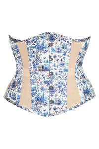 Blue Willow Toile Underbust Corset with Navy Ribbon Lacing