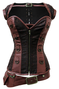 Steampunk Brown Overbust Corset with Front Zip, Shrug and Utility Belt