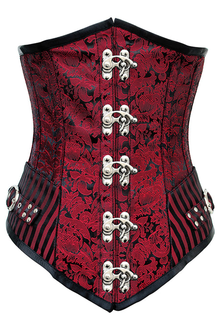 Red and Black Brocade Underbust Corset with Swing Hook Closure and Striped Panels
