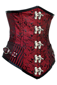 Red and Black Brocade Underbust Corset with Swing Hook Closure and Striped Panels