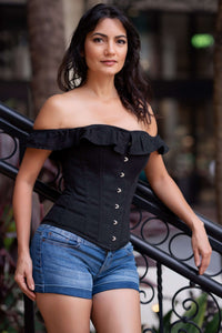 Black Cotton Straight Bustline Corset Top With Off The Shoulder Sleeves