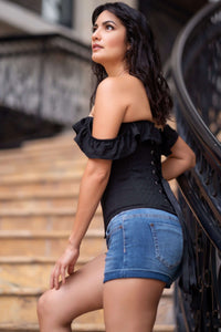 Black Cotton Straight Bustline Corset Top With Off The Shoulder Sleeves