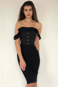 Black Cotton Straight Bustline Corset Top With Off The Shoulder Sleeves