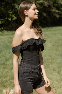 Black Cotton Straight Bustline Corset Top With Off The Shoulder Sleeves