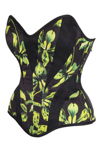 Green and Black Floral Print Overbust Corset with Side Zip