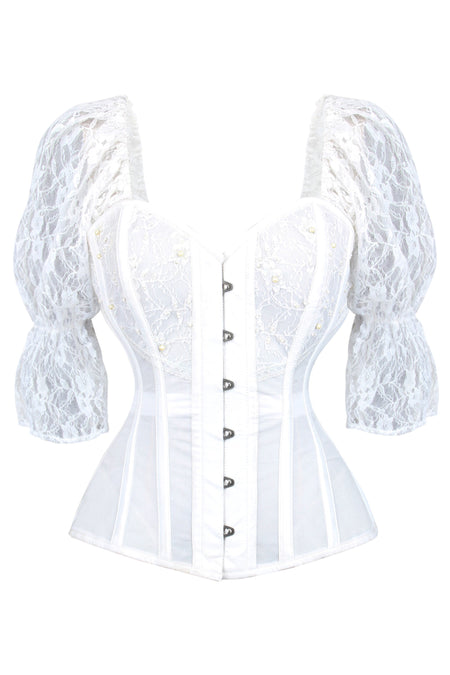 White Mesh Overbust Bridal Corset with Lace Sleeves