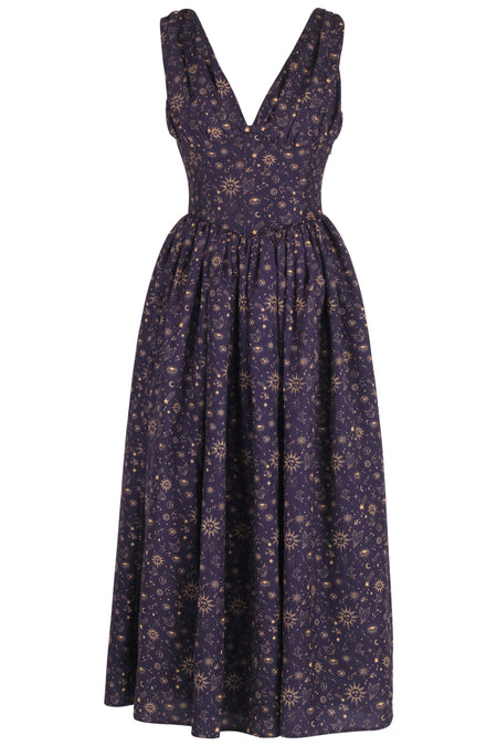 Indigo and Gold Astronomy Print Corset Dress