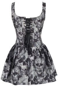 Gothic Skull Print Corset Dress – Zip Front & Lace-Up Back