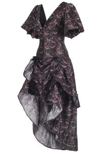 Dark Romantic Corset Gown with Puff Sleeves and Draped High-Low Skirt