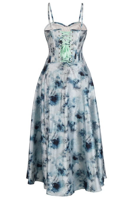 Watercolor Blue Corset Midi Dress with Shoulder Straps