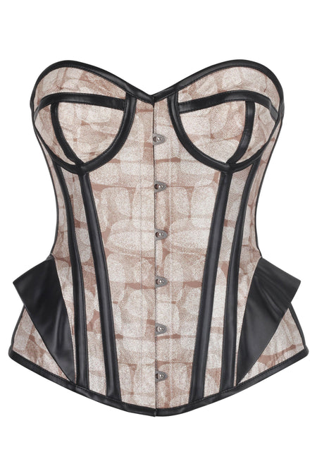 Monochrome Grid Print Faux Leather Trim Corset