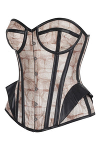Monochrome Grid Print Faux Leather Trim Corset