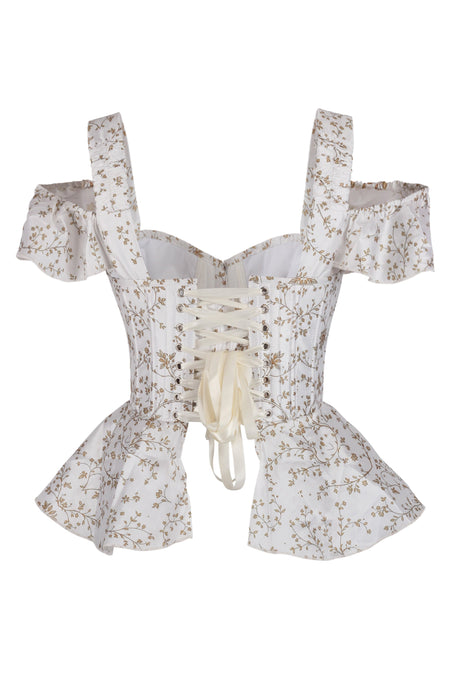 White Floral Peplum Corset with Ruffle Shoulder Straps