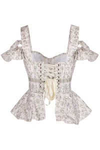 Pale Blush Botanical Peplum Corset with Ruffled Shoulder Straps