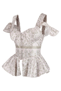 Pale Blush Botanical Peplum Corset with Ruffled Shoulder Straps
