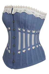 Historically Inspired Blue Longline Corset with Lace and Ribbing