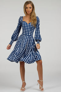 Corset Story SC-056 Sunflower Gingham Blue Viscose Corset Dress With Long Sleeves