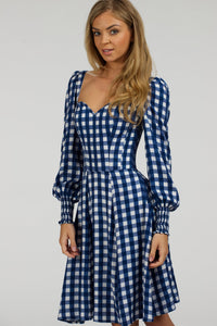 Corset Story SC-056 Sunflower Gingham Blue Viscose Corset Dress With Long Sleeves