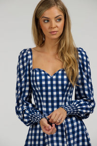 Corset Story SC-056 Sunflower Gingham Blue Viscose Corset Dress With Long Sleeves