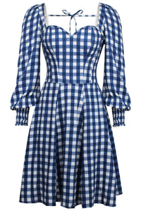 Corset Story SC-056 Sunflower Gingham Blue Viscose Corset Dress With Long Sleeves