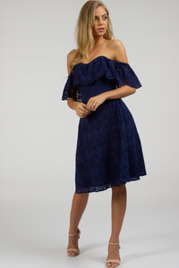 Corset Story SC-062 Peony Summer Navy Broderie Anglaise Cotton Corset Dress With Off The Shoulder Frill