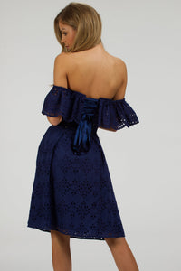 Corset Story SC-062 Peony Summer Navy Broderie Anglaise Cotton Corset Dress With Off The Shoulder Frill