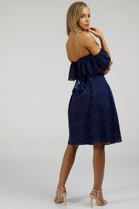 Corset Story SC-062 Peony Summer Navy Broderie Anglaise Cotton Corset Dress With Off The Shoulder Frill