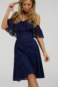 Corset Story SC-062 Peony Summer Navy Broderie Anglaise Cotton Corset Dress With Off The Shoulder Frill