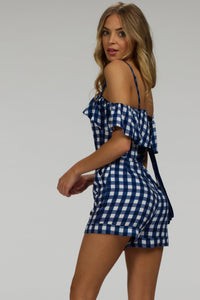 Corset Story SC-066 Ivy Gingham Blue Viscose Corset Playsuit With Off The Shoulder Sleeves