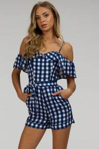 Corset Story SC-066 Ivy Gingham Blue Viscose Corset Playsuit With Off The Shoulder Sleeves