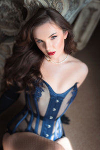 Navy Blue with Black Mesh and Lace Appliqué Waist Taming Overbust Corset