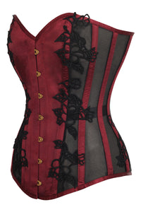 Burgundy Longline Overbust Corset with Black Lace and Mesh Panels