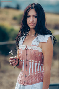 Historically Inspired Terracotta Longline Corset with Lace and Ribbing