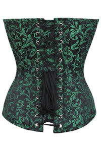 Corset Story BC-012 Green and Black Brocade Overbust Corset with Front Zip and Button Detailing