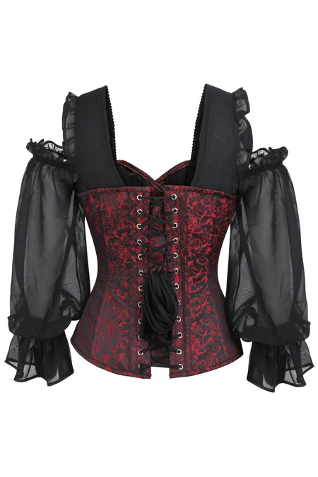 Corset Story BC-015 Red and Black Brocade Corset Top with Long Chiffon Sleeves