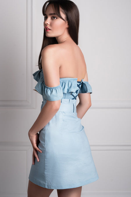 Corset Story CSFT103 Denim Straight Bustline Corset Top With Off The Shoulder Sleeves