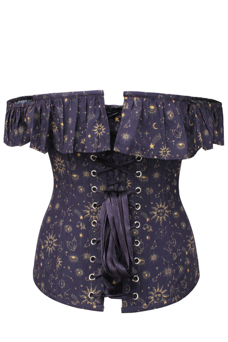 Corset Story CSFT159 Mystic Galaxy Indigo And Gold Corset Top With Bardot Sleeve