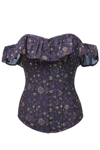 Corset Story CSFT159 Mystic Galaxy Indigo And Gold Corset Top With Bardot Sleeve