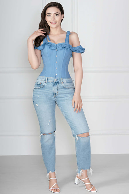 Cornflower Blue Cotton Overbust With Sleeves And Shoulder Straps