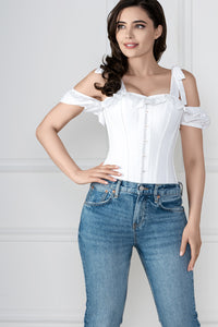 Corset Story FTS022 White Cotton Overbust With Sleeves And Shoulder Straps