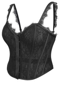 Dorothea Black Satin and Lace Cropped Overbust Corset with Spaghetti Straps