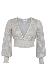 Pearl Whisper White Lace Cropped Top with Long Sleeves