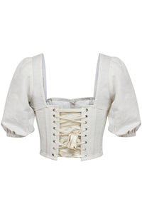 Corset Story SC-050 Fern Oatmeal Linen Cropped Corset With Puff Sleeves