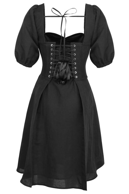 Corset Story SC-061 Gladiolus Black Linen Corset Dress with Puff Sleeves